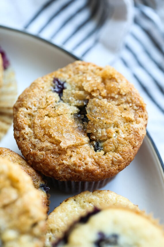 Un muffin de plátano y arándanos en un plato.