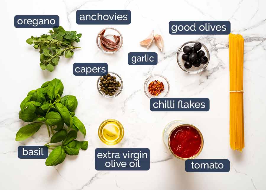 Ingredientes en Spaghetti alla Puttanesca