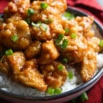 Pollo a la naranja con cebollas verdes picadas.