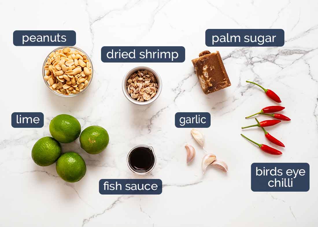 Ingredientes de la ensalada de papaya verde (tailandesa)