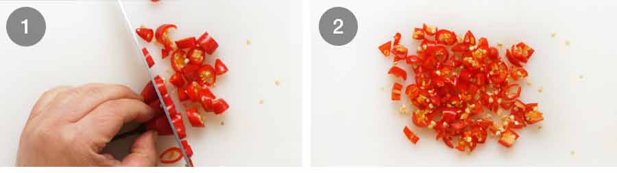 Chile rojo picado finamente para ensalada de papaya verde (tailandés)