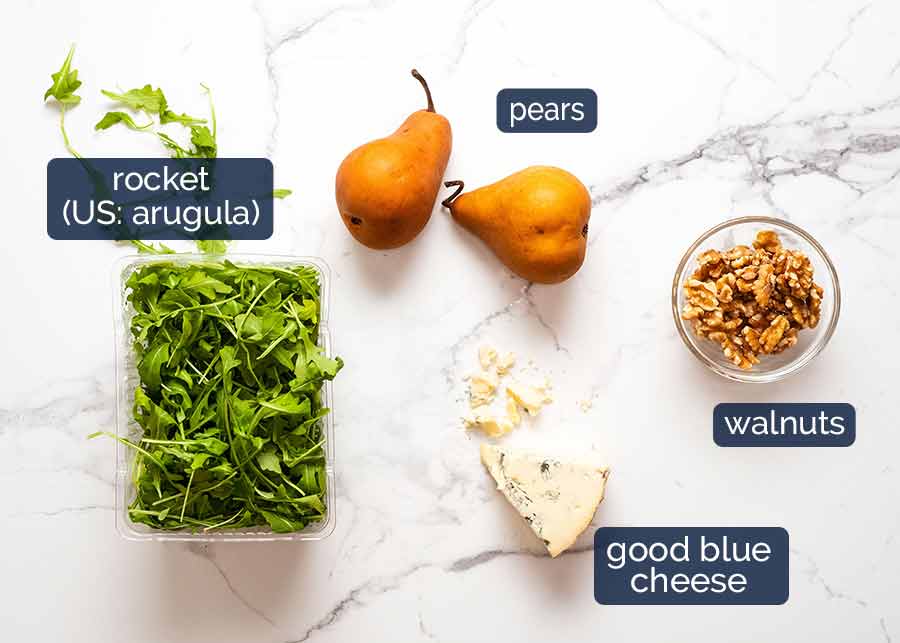 Ingredientes de Ensalada de Pera con Queso Azul y Rúcula