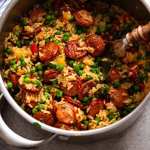 Olla recién cocida de salchicha ahumada y arroz One Pot
