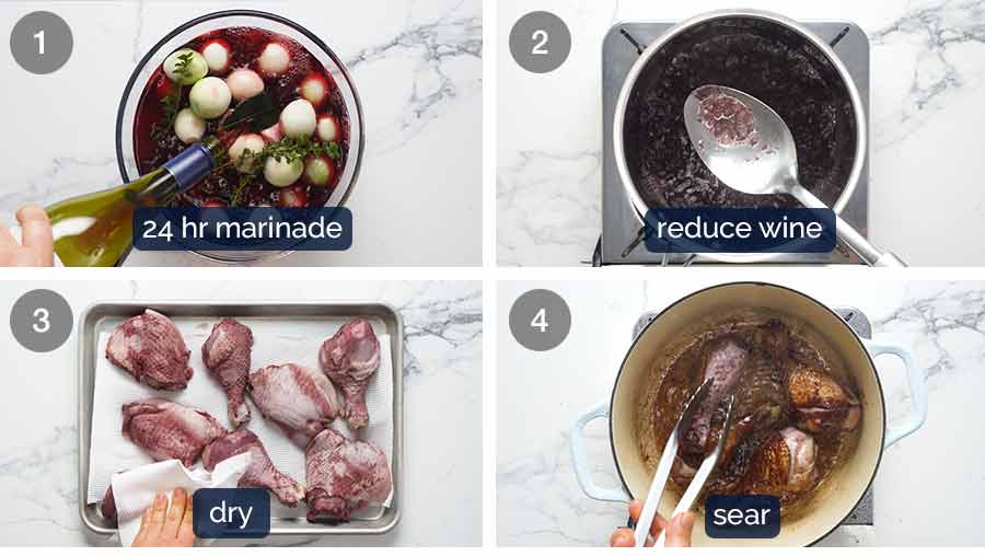 Cómo hacer Coq au Vin - estofado de pollo francés