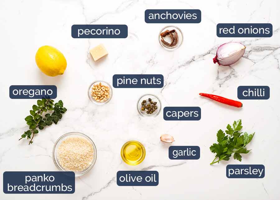 Ingredientes en costra para sardinas en costra mediterránea