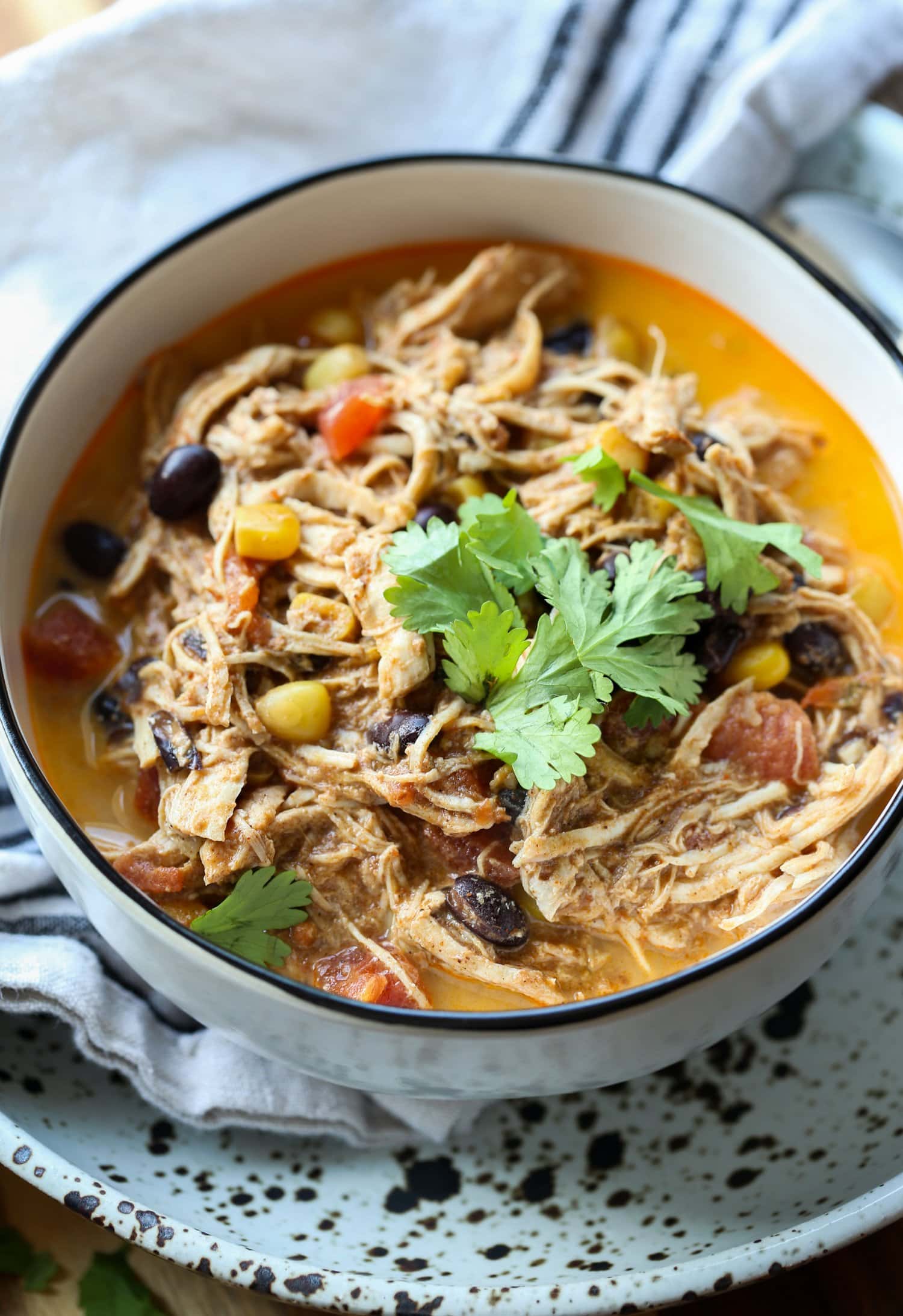 sopa de pollo desmenuzado con cilantro