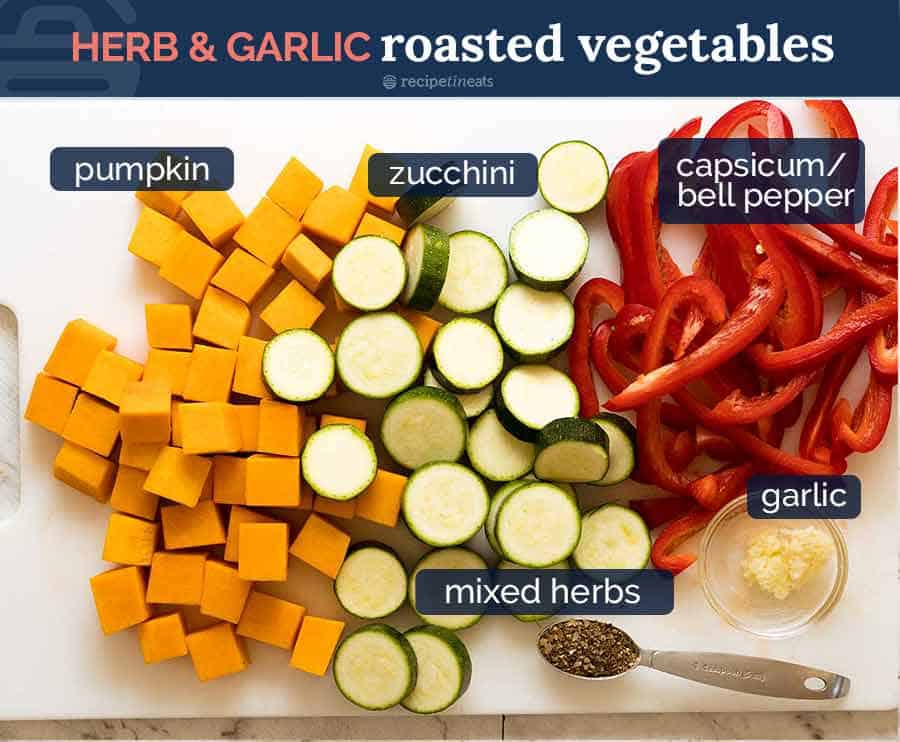 Verduras asadas con ajo y hierbas para frittata al horno