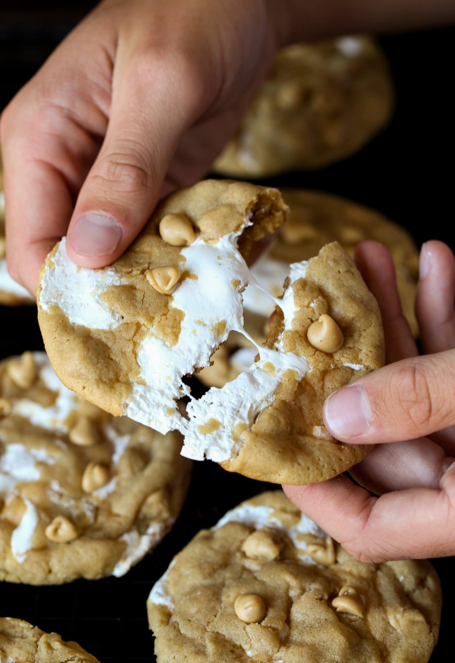 Romper por la mitad una galleta de mantequilla de maní rellena con pelusa de malvavisco