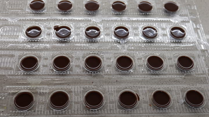 Echamos el chocolate en los moldes para hacer los bombones