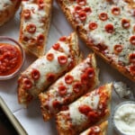Pizza de pan francés cortada en rebanadas individuales en un plato, junto a las salsas para mojar.
