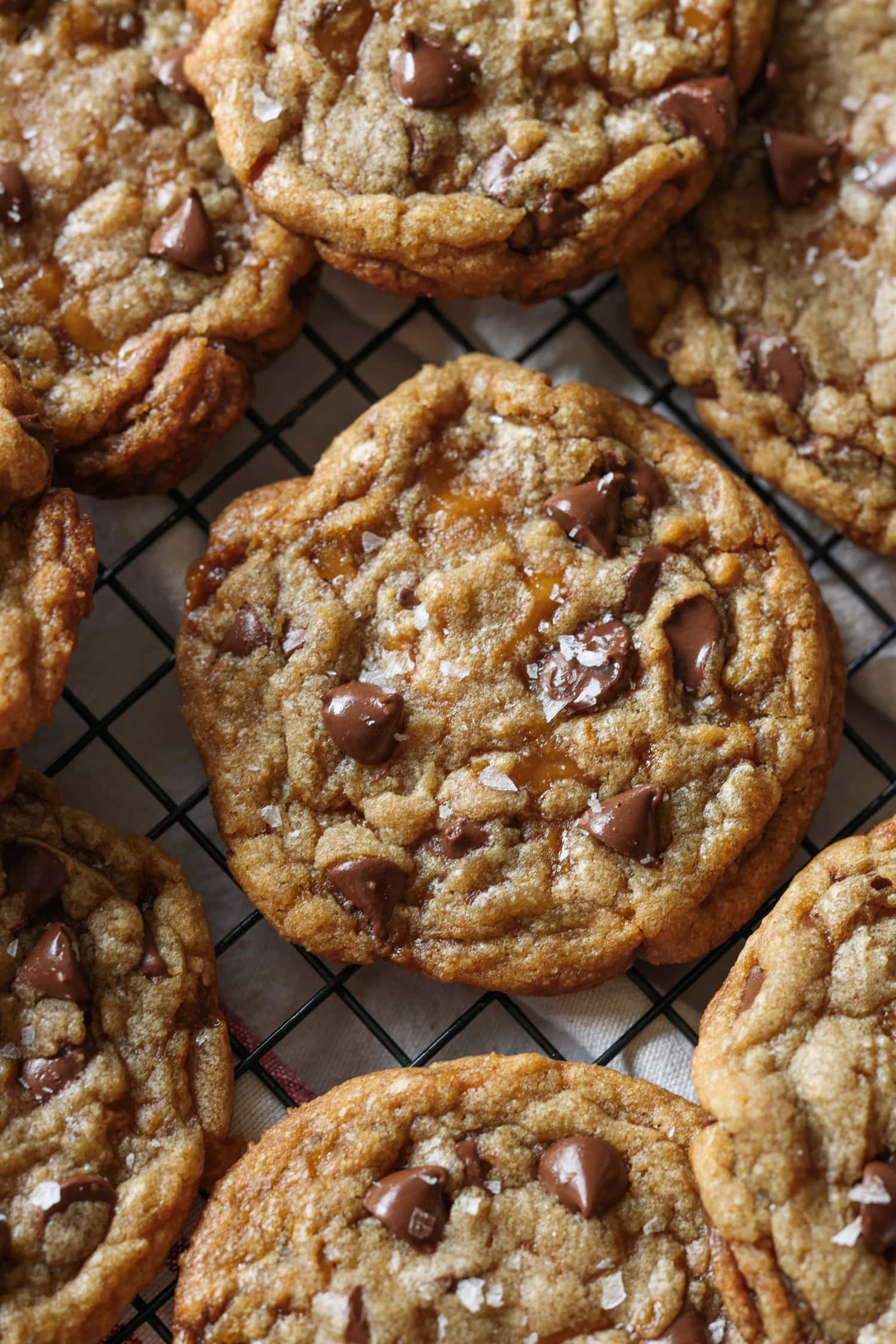galleta con chispas de chocolate crujiente de mantequilla en una rejilla para enfriar