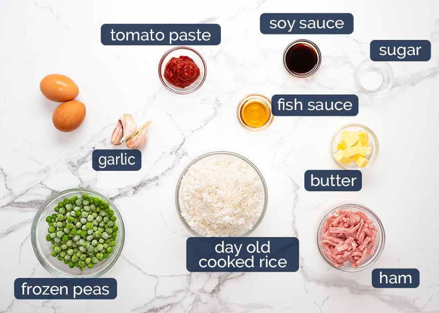 Ingredientes en arroz frito rojo vietnamita