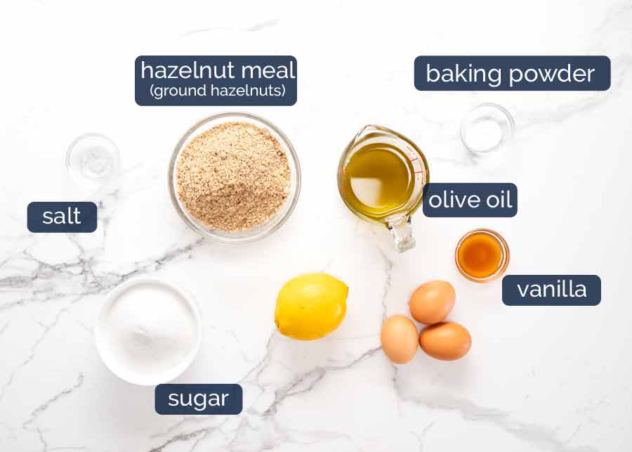 Ingredientes del bizcocho de aceite de oliva y avellanas