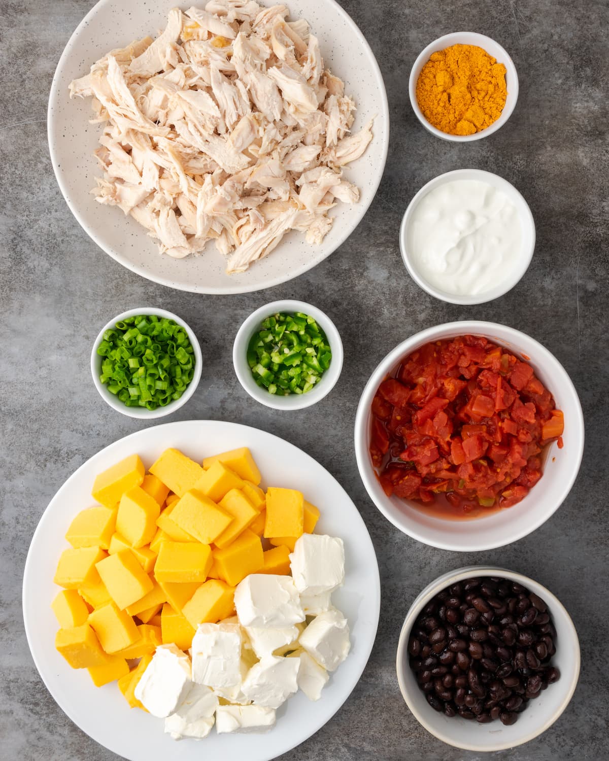 Los ingredientes para la salsa de nacho de pollo Crock Pot.