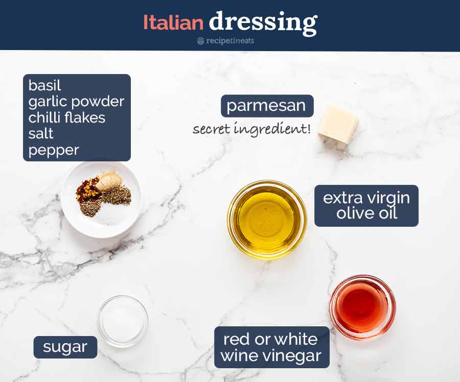 Ingredientes del aderezo italiano Mega para ensaladas