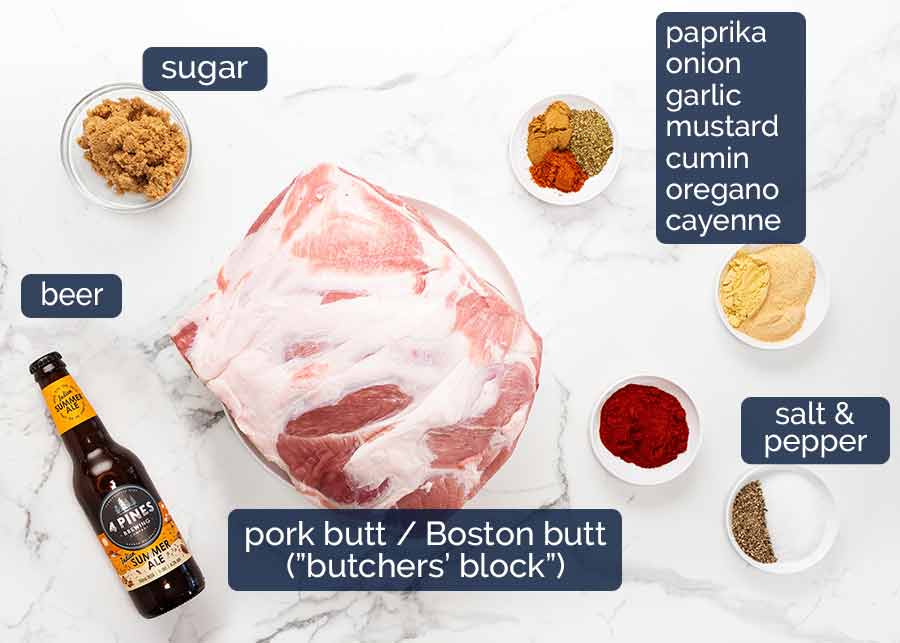 Ingredientes en mi mejor cerdo desmenuzado