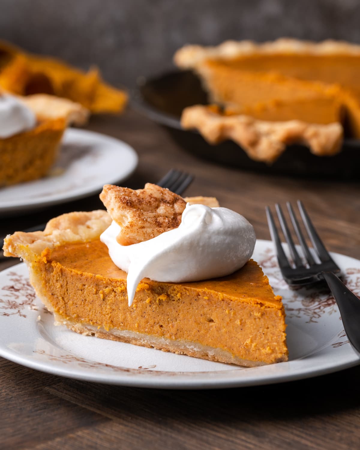 ¡Las mejores recetas de postres de Acción de Gracias para bendecir tu mesa! Desde pasteles clásicos de Acción de Gracias hasta pasteles caseros creativos, galletas y más. Una rebanada de pastel de calabaza en un plato cubierto con crema batida y una galleta de azúcar, junto a un tenedor.