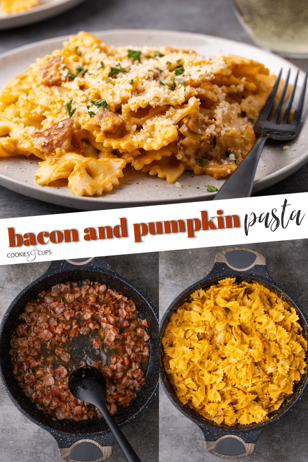 Imagen de Pinterest de pasta con tocino y calabaza