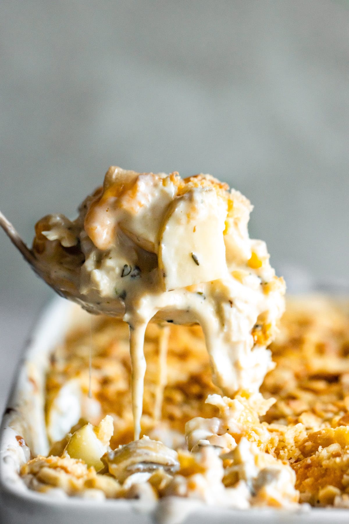 Cucharada de cazuela de papas fritas con pollo al queso.