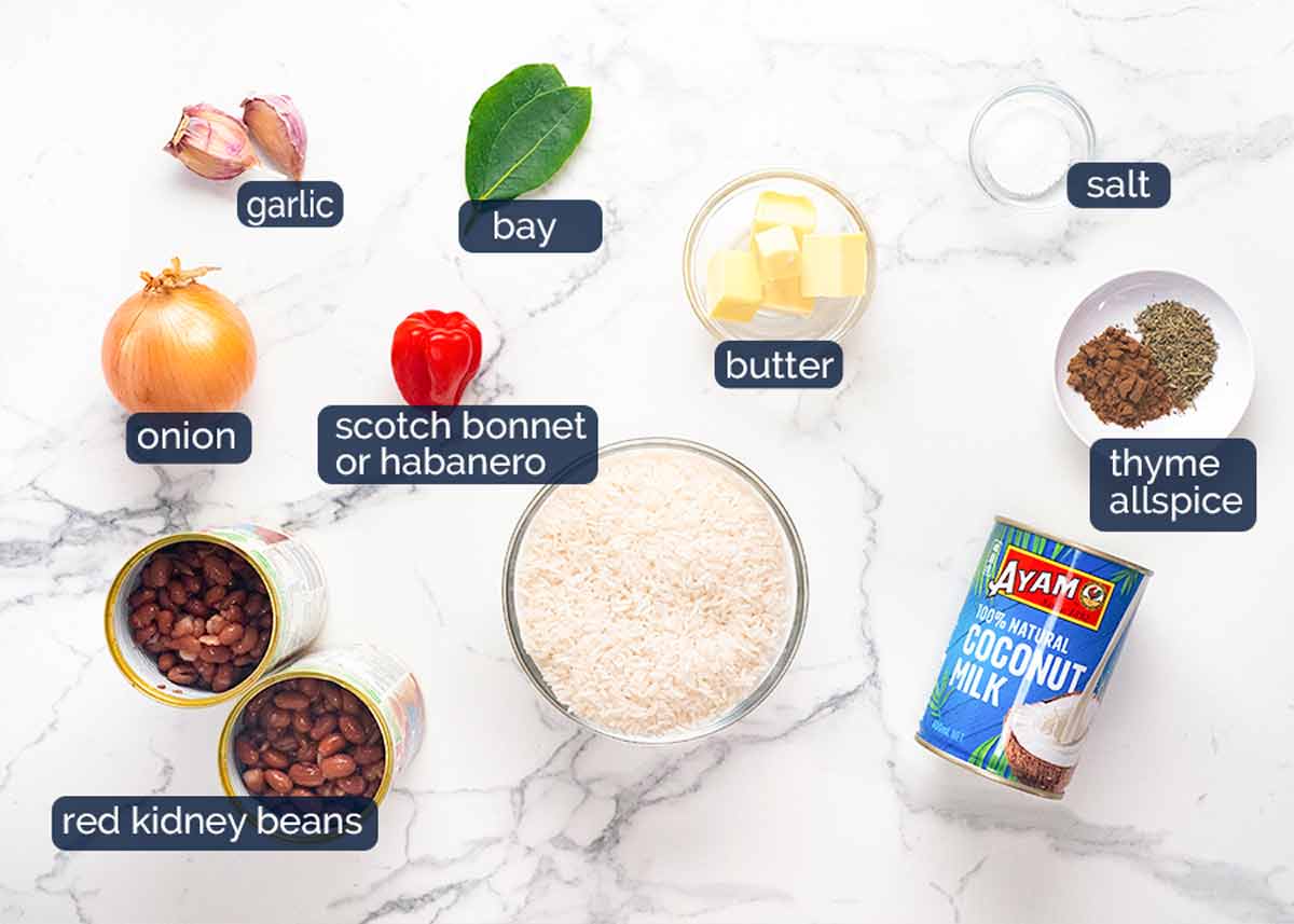 Ingredientes en Arroz con coco jamaicano y guisantes (frijoles)