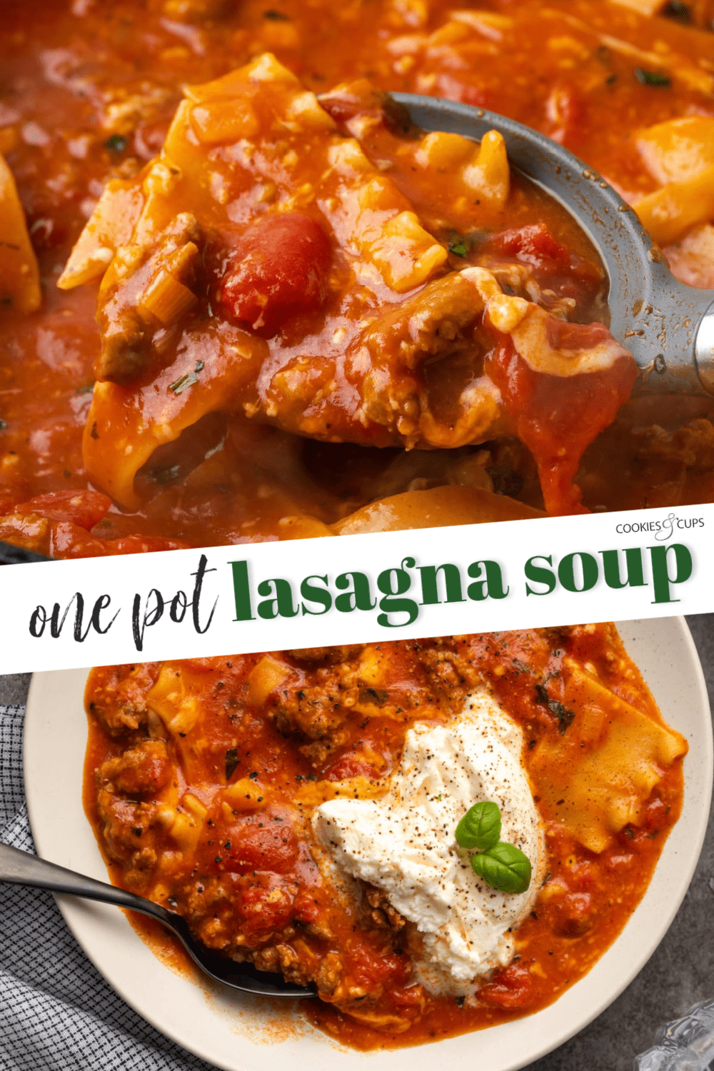La sopa de lasaña es todo lo que amamos de lasaña casera envuelta en una comida de una sola olla. ¡Prepara esta receta fácil de sopa en 30 minutos o menos! Imagen de Pinterest de sopa de lasaña