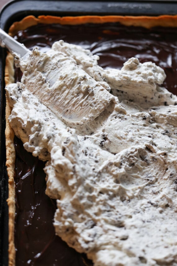 Untar la mousse de tarta de queso sobre la base de la tarta