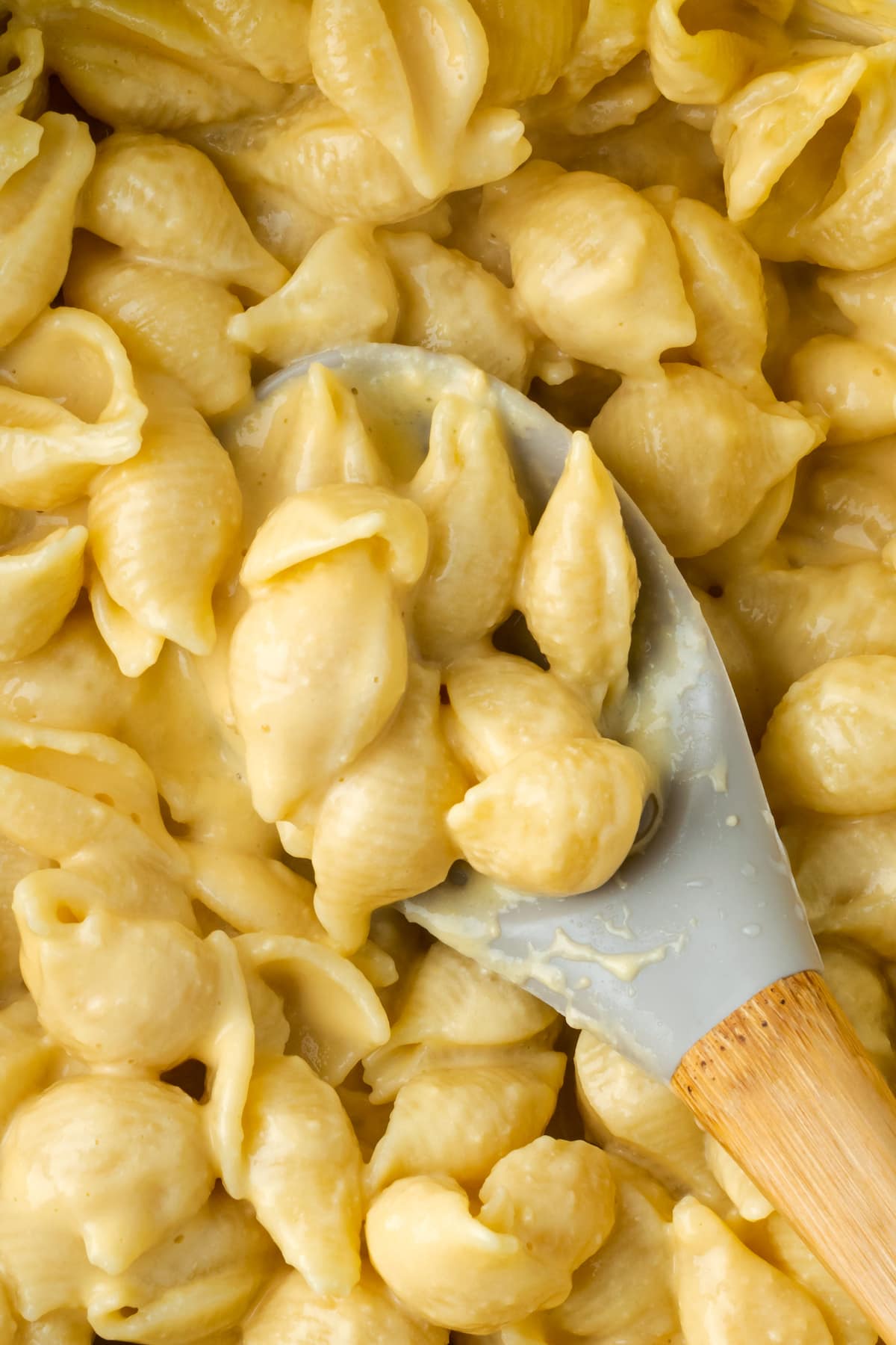 ¡Este Stovetop Mac and Cheese es un alimento reconfortante clásico, hecho en una olla con solo 5 ingredientes! Los macarrones con queso caseros nunca han sido tan fáciles. Cerca de una cucharada grande de macarrones con queso en la estufa.