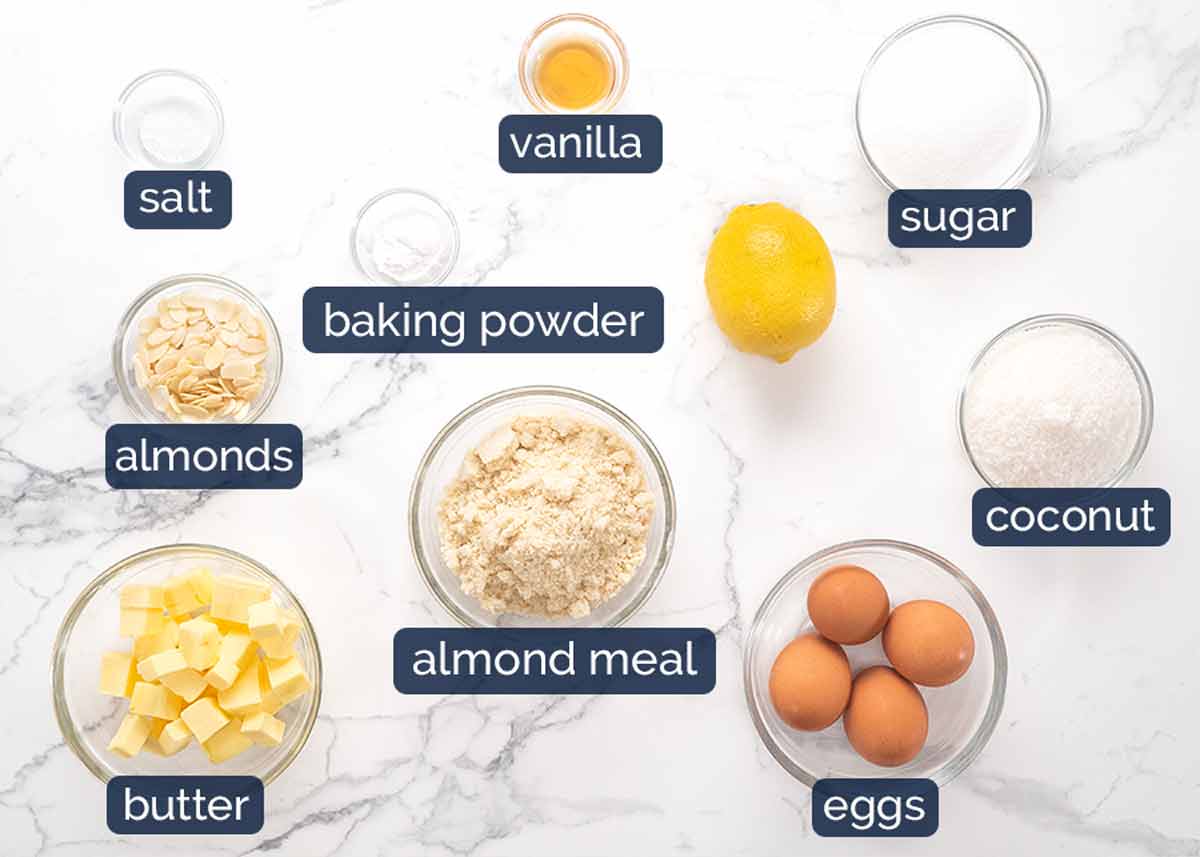 Ingredientes en Bizcocho de limón, coco y almendras