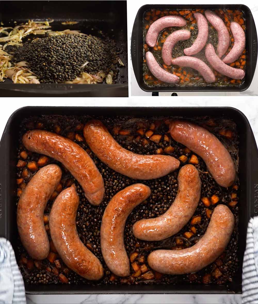 Salchicha al horno y lentejas