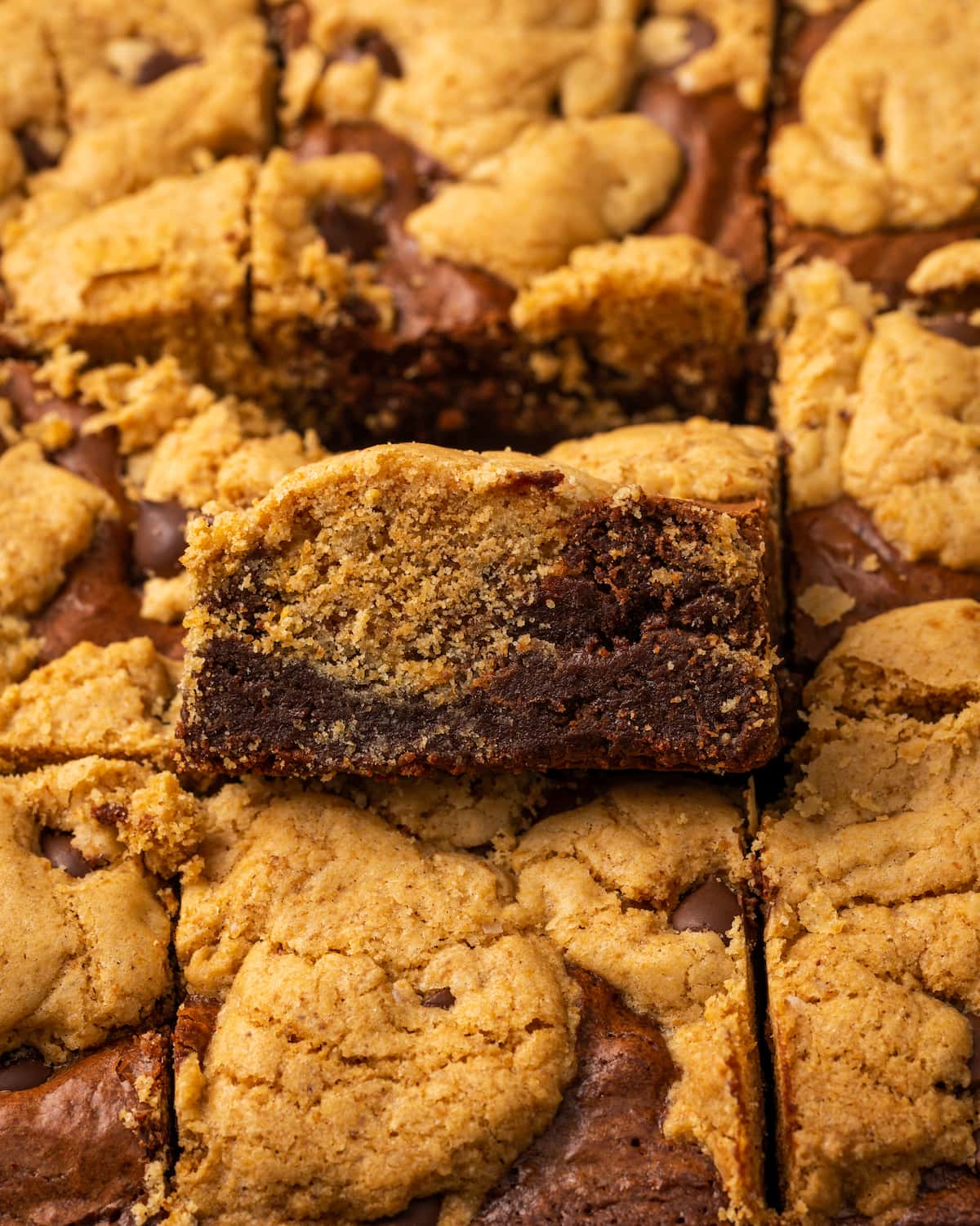 Esta receta fácil de brookies combina brownies de chocolate con galletas masticables con chispas de chocolate. ¡Las galletas de brownie con chocolate son lo mejor de ambos mundos! Primer plano de brookies horneados con un brookie apoyado para mostrar las capas de galleta y brownie.