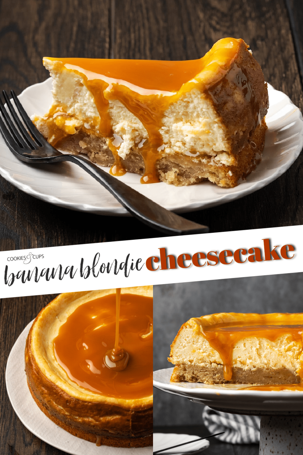 ¡La receta de Banana Blondie Cheesecake es el postre de los sueños! Hecho con un pastel de queso de vainilla horneado, suave y cremoso, empapado en caramelo salado y colocado en capas encima de una rubia de plátano espesa y masticable. Cheesecake de banana y blondie