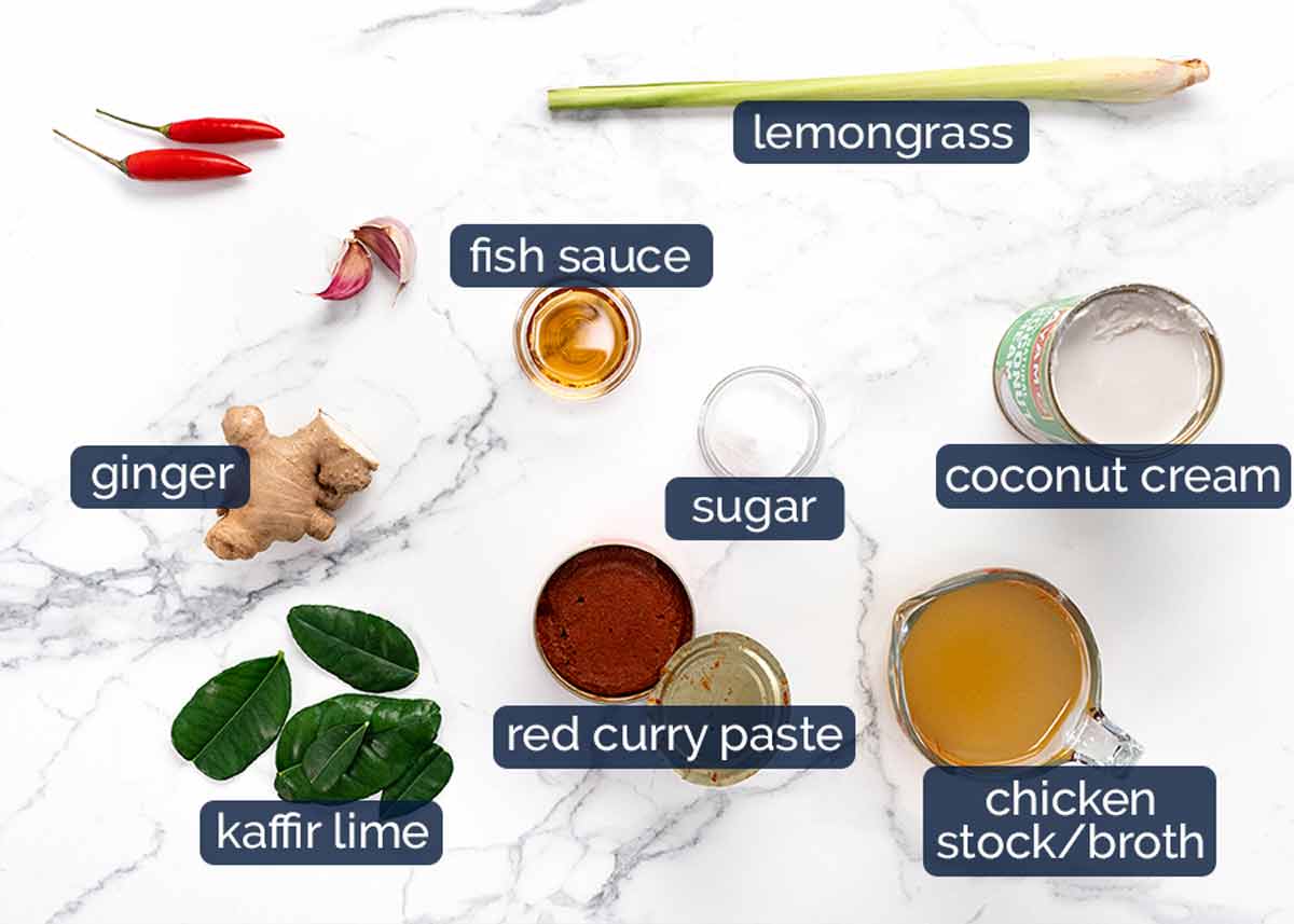 Ingredientes del pollo asado al curry rojo tailandés
