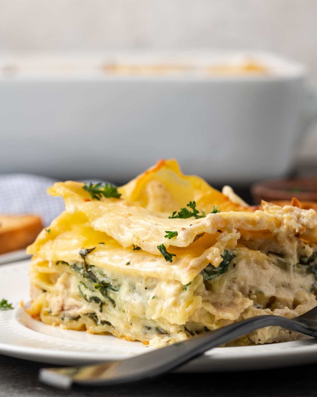 Lasaña cremosa de pollo rebosante de capas de pollo jugoso, fideos tiernos y salsa blanca casera sedosa con abundante queso derretido. Una porción de lasaña de pollo en un plato junto a un tenedor.