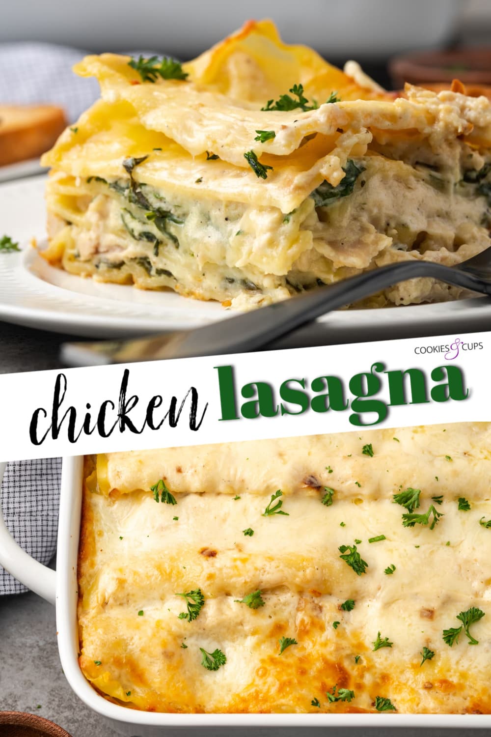 Lasaña cremosa de pollo rebosante de capas de pollo jugoso, fideos tiernos y salsa blanca casera sedosa con abundante queso derretido. imagen de pinterest de lasaña de pollo