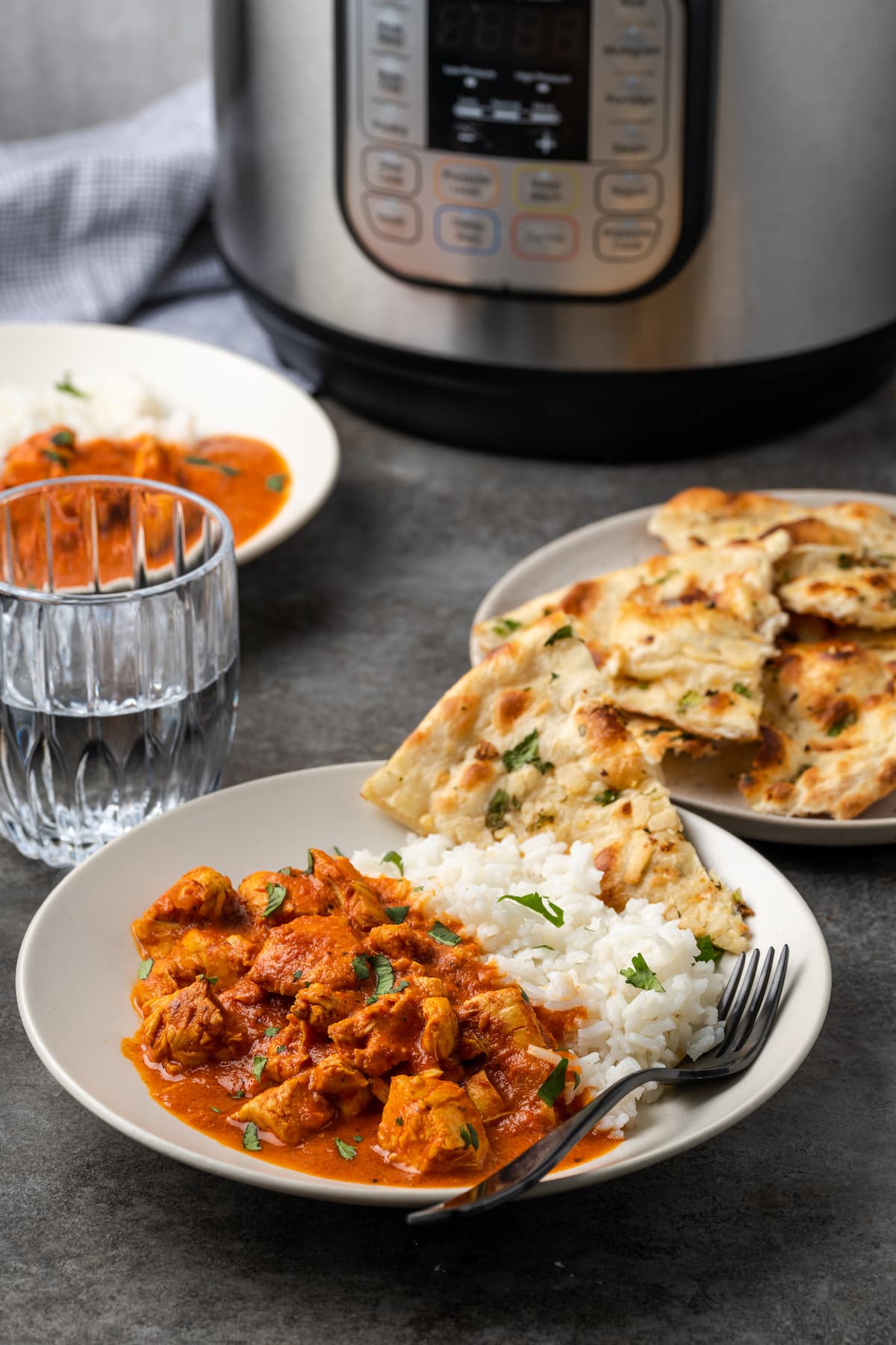 Pollo instantáneo a la mantequilla servido en un plato junto a una guarnición de arroz basmati y naan, con un plato de naan y la olla instantánea al fondo.