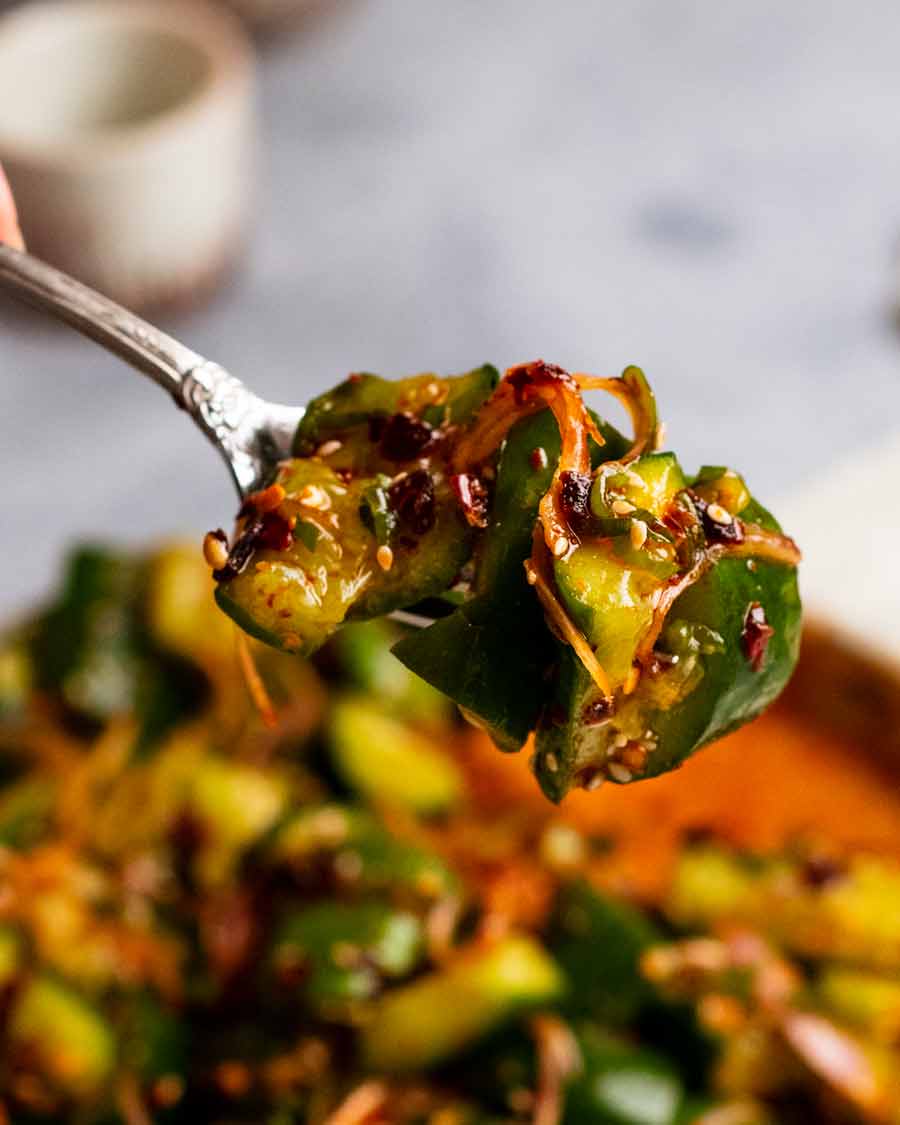 Cerrar foto de tenedor con ensalada picante de pepino