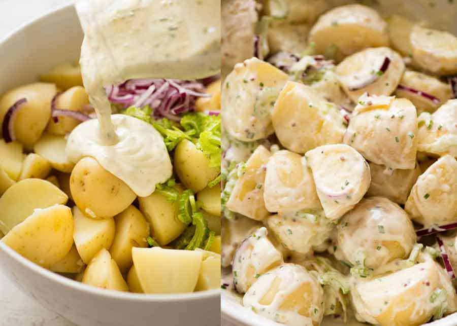 Primer plano de ensalada de patata cremosa saludable sin mayonesa que se vierte sobre patata