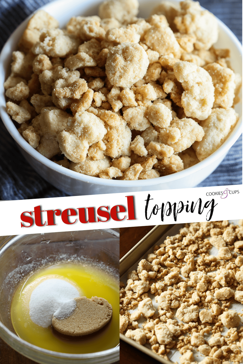 Streusel Topping, también conocido como Crumb Topping, es muy fácil de hacer y se puede usar en muchos productos horneados diferentes, desde muffins y panes hasta pasteles y tartas, ¡o se hornea solo y se usa como una cobertura crujiente de mantequilla! Imagen de collage de Pinterest de Streusel