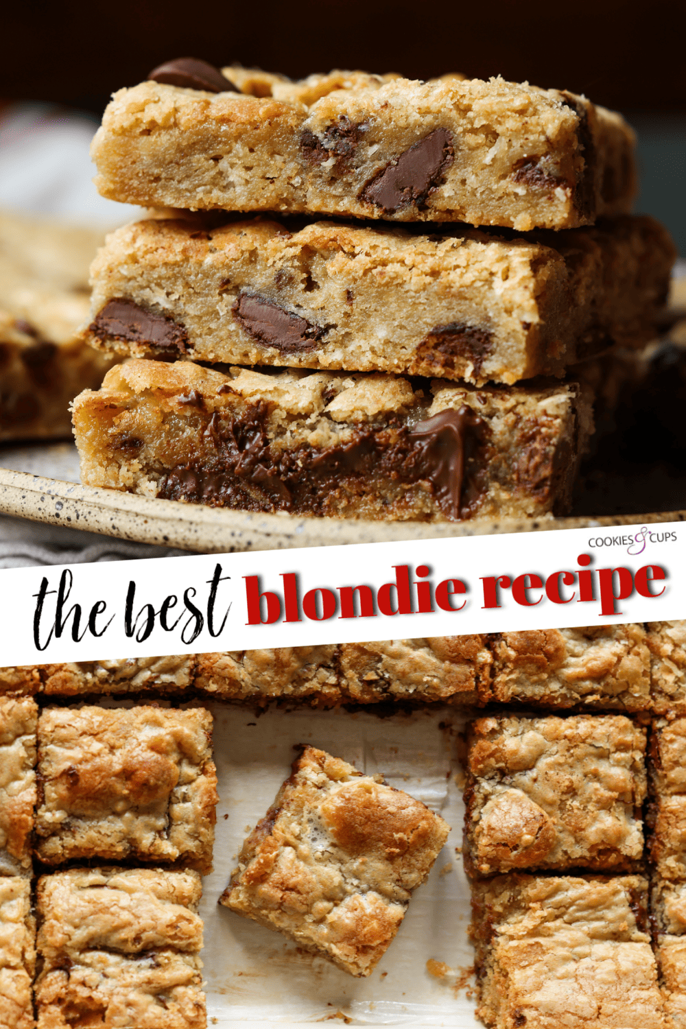 Esta receta Perfect Blondie es la única receta de blondie que necesitarás. Sencillo, sin trucos, solo una rubia dulce y masticable con la adición perfecta de sal marina gruesa. ¡Esto estará en su caja de recetas en los próximos años! Receta de blondie Collage de Pinterest