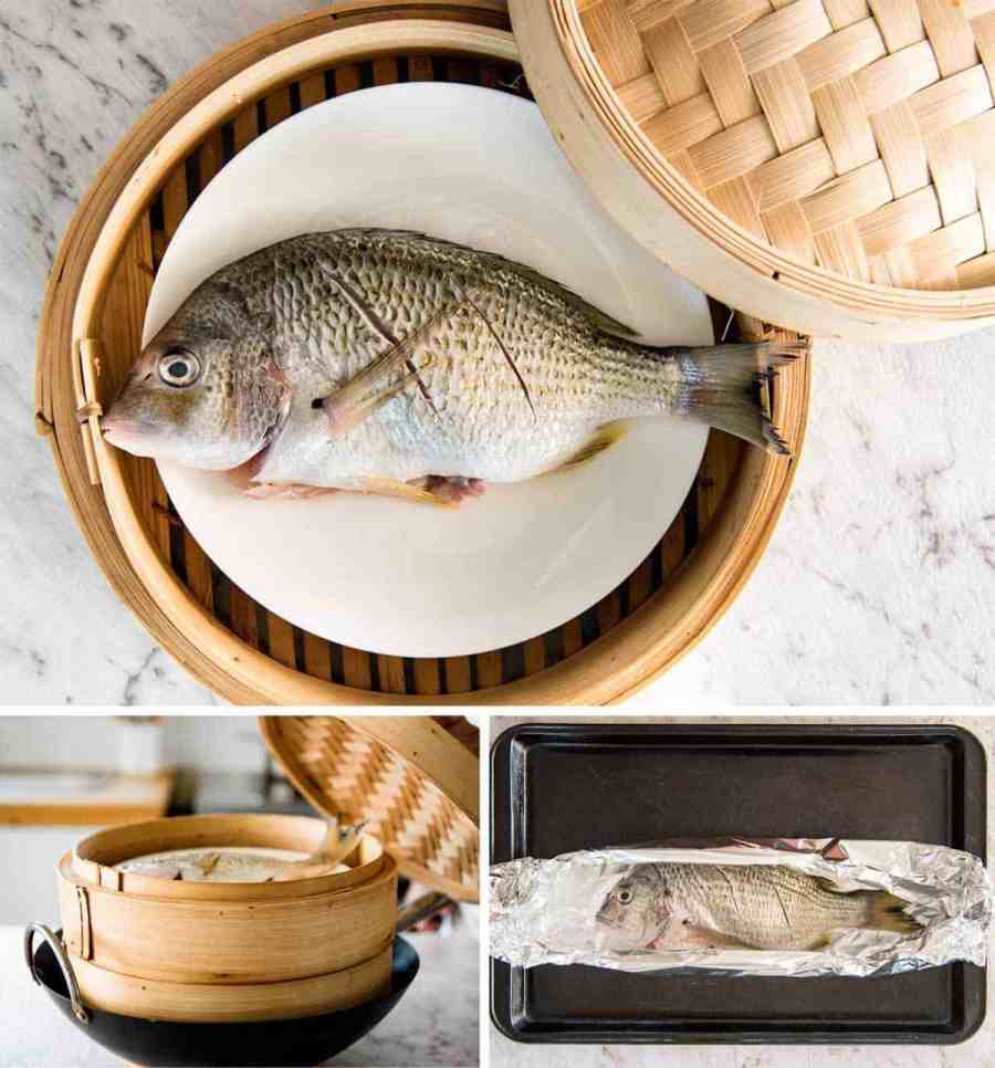 Un pescado al vapor chino cubierto con jengibre y chalotes y condimentos, con aceite caliente vertido sobre él para crear un chisporroteo dramático y una salsa increíble.  Tan simple, pero tan absolutamente delicioso.  ¡Cocine al vapor O hornee el pescado!  recetatineats.com