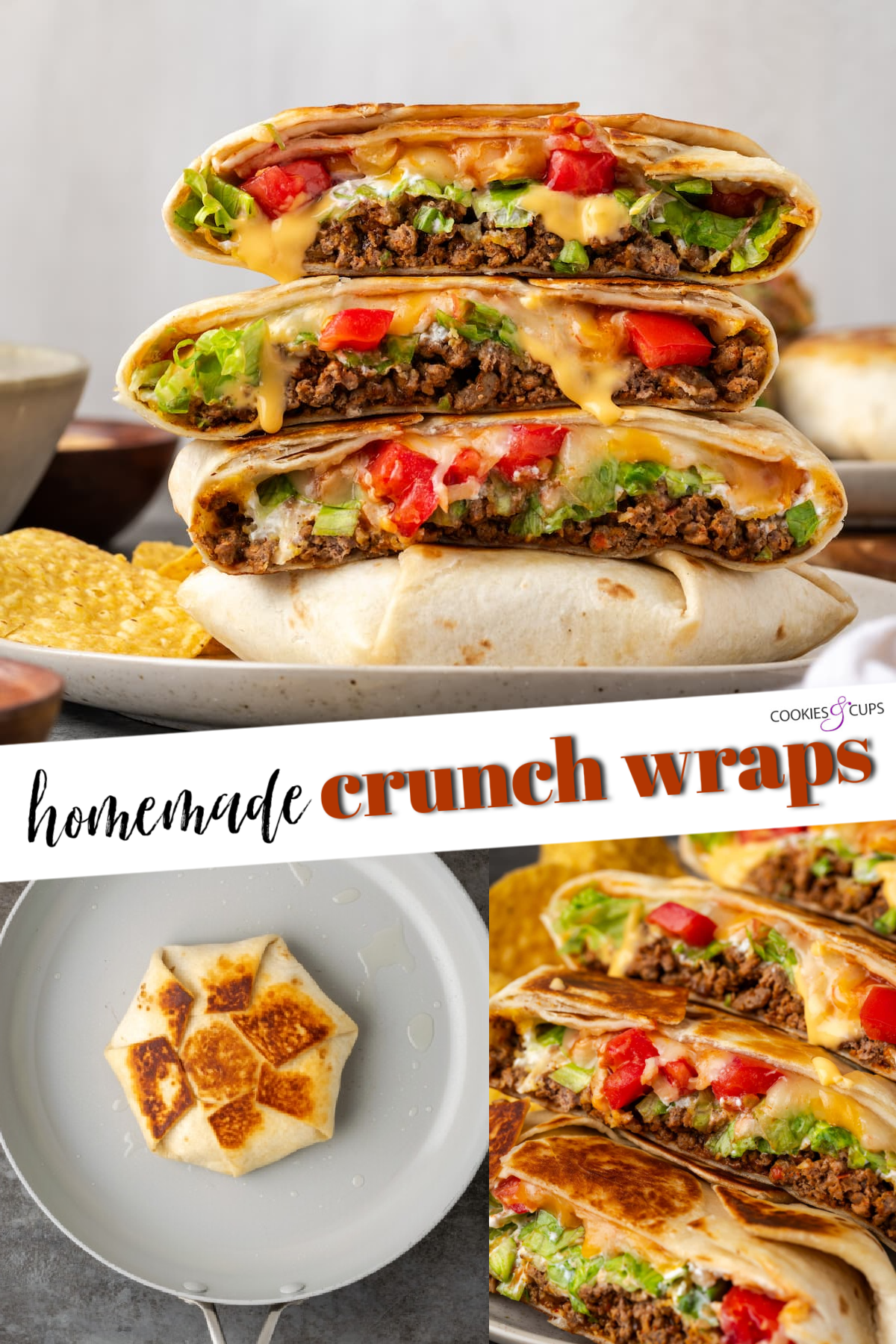 Make satisfying crunch wraps loaded with taco meat, melty cheese, tostada, sour cream, and more wrapped up inside a toasty flour tortilla! Homemade Crunch Wraps Pinterest Collage