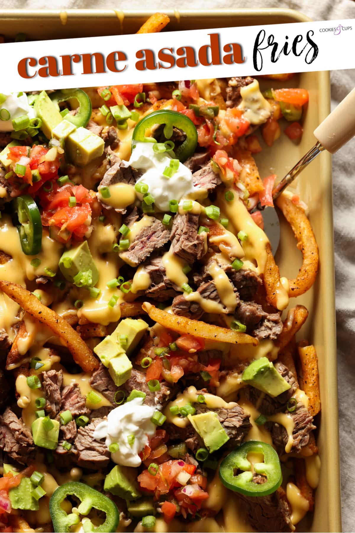 Carne Asada Fries Are a Tex Mex spin on loaded french fries. Marinated, grilled carne asada is sliced and served on top of seasoned fries with a cheesy sauce and all the toppings of your choice! Carne Asada Fries Pinterest Image