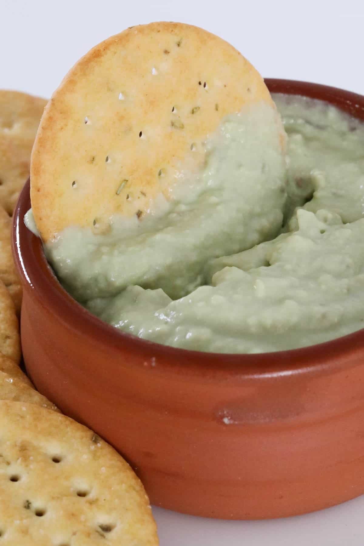 A cracker in a bowl of avocado dip.