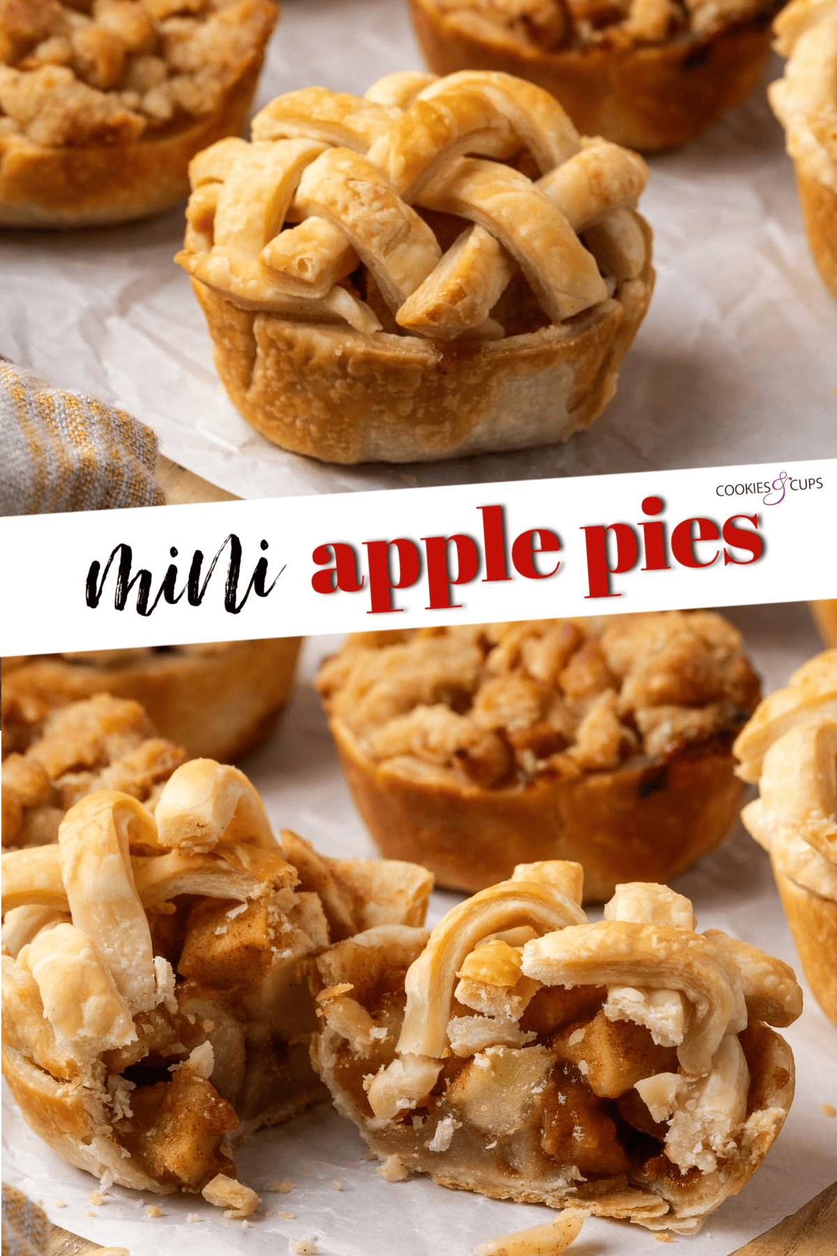 Mini apple pies are a bite-sized spin on a classic fall dessert! So easy to make and bursting with juicy apple pie filling and warm spices. Mini Apple Pies Pinterest Image Collage