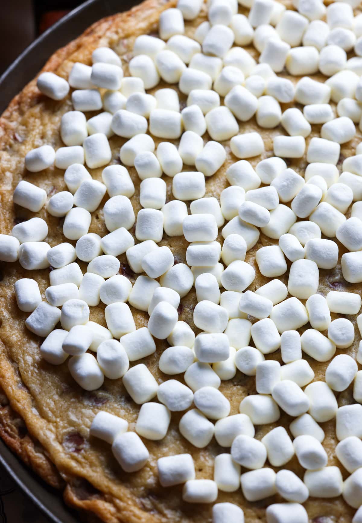 a large cookie cake topped with mini marshmallows sprinkled on top before going back in the oven to melt the marshmallows