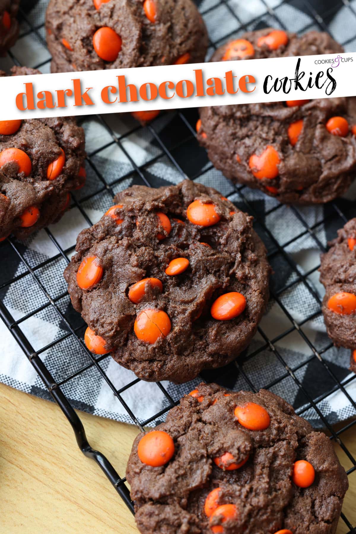 This dark chocolate cookies recipe combines the richness of dark chocolate with texture that is brownie-like, filled with chocolate candy! Dark Chocolate Halloween Cookies PInterest Image