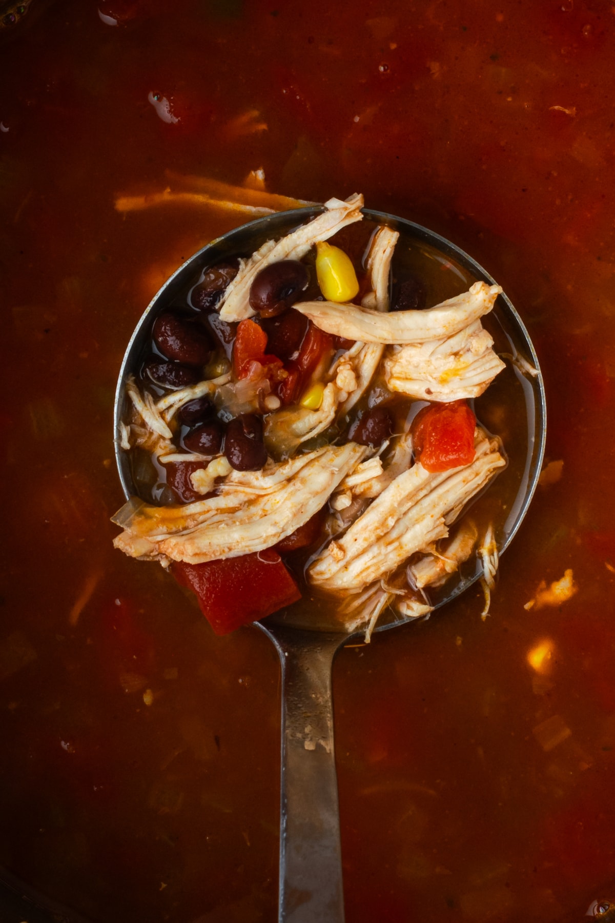 Smoky and flavorful Instant Pot chicken tortilla soup is a comforting one-pot meal that's easy to make any night of the week! Close up overhead view of a ladle of chicken tortilla soup held over more soup.