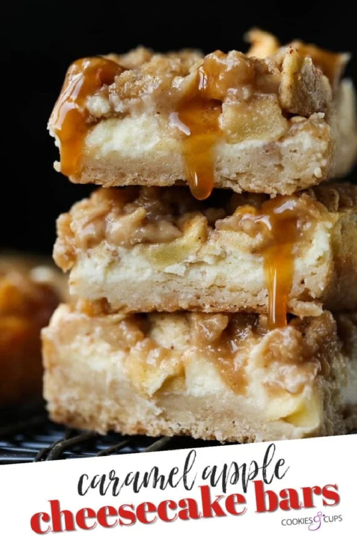 Caramel Apple Cheesecake Bars are creamy, sweet and delicious. They're a simple, buttery crust with an easy apple cheesecake filling topped with an oat streusel and caramel. Caramel Apple Cheesecake Pinterest Image