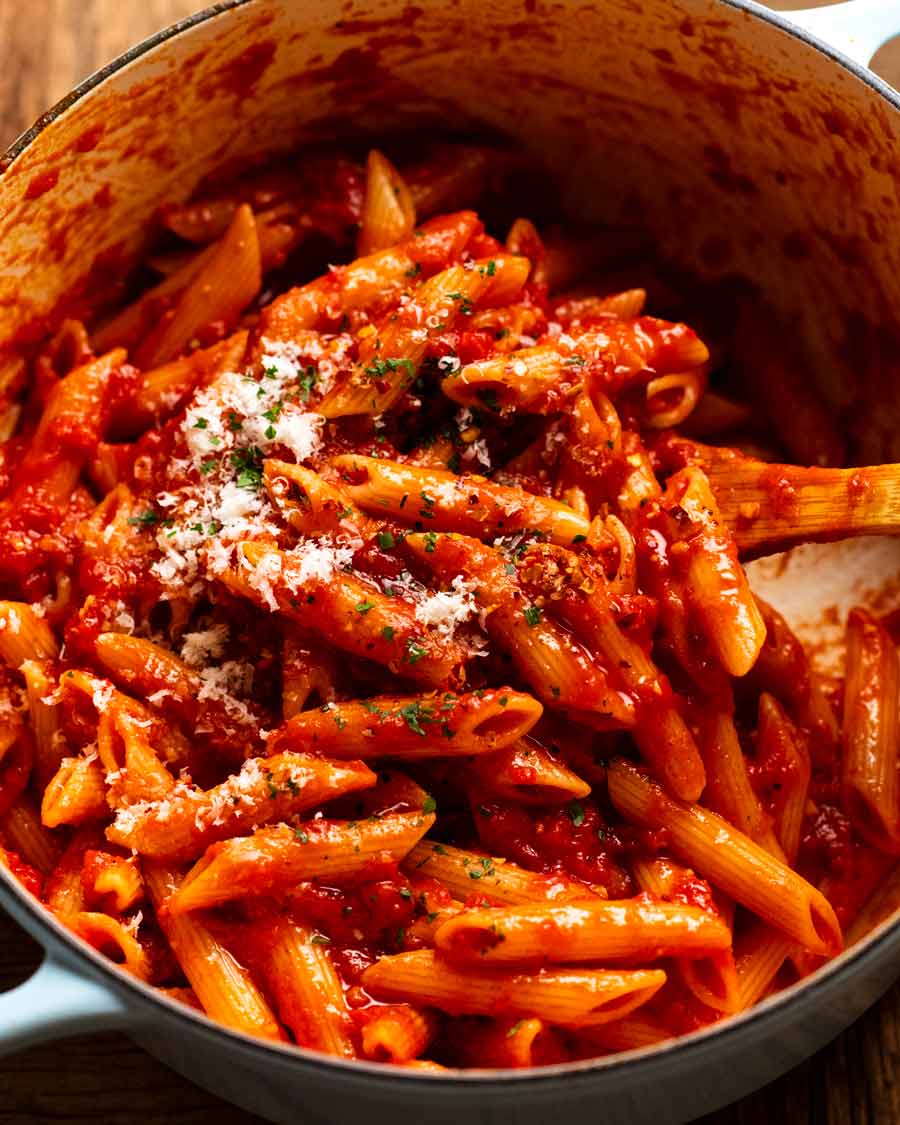 Penne all'arrabbiata (spicy tomato pasta) in a pot