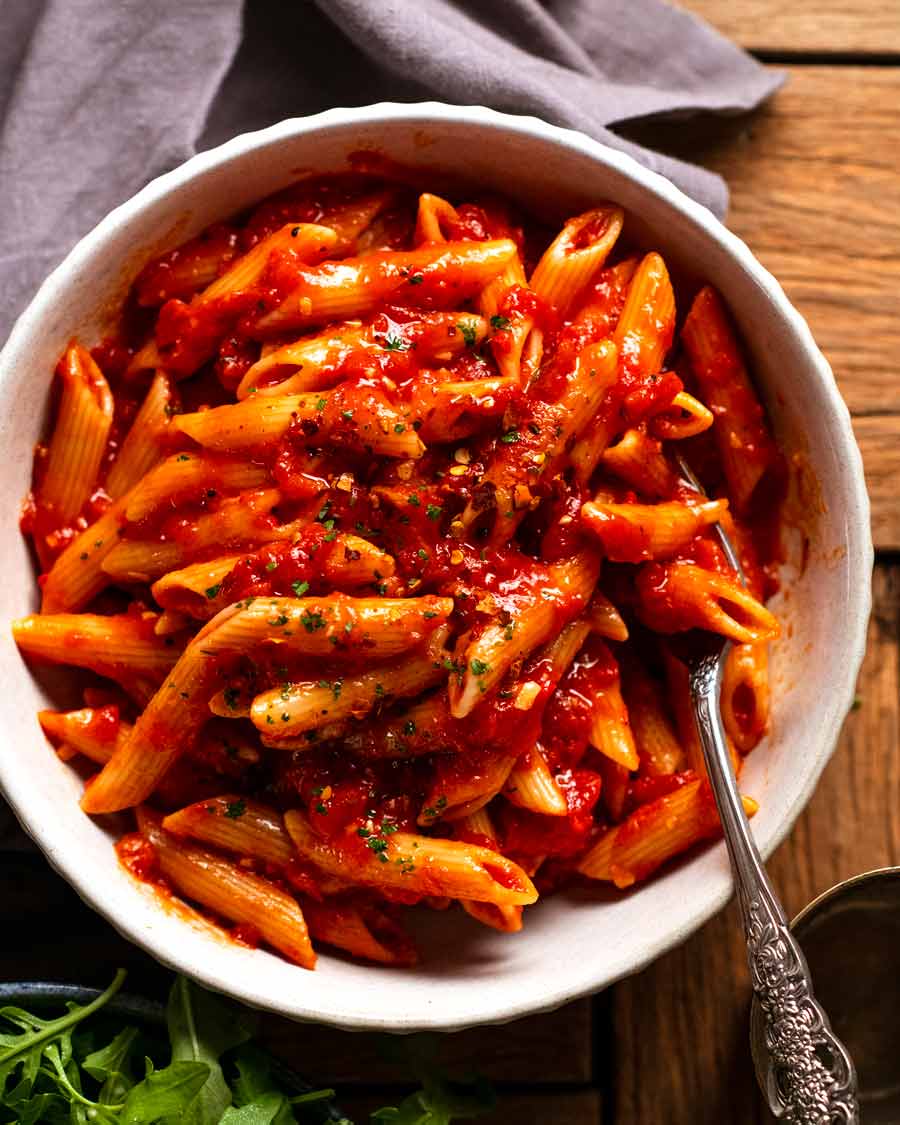 Penne all'arrabbiata (spicy tomato pasta) in a bowl